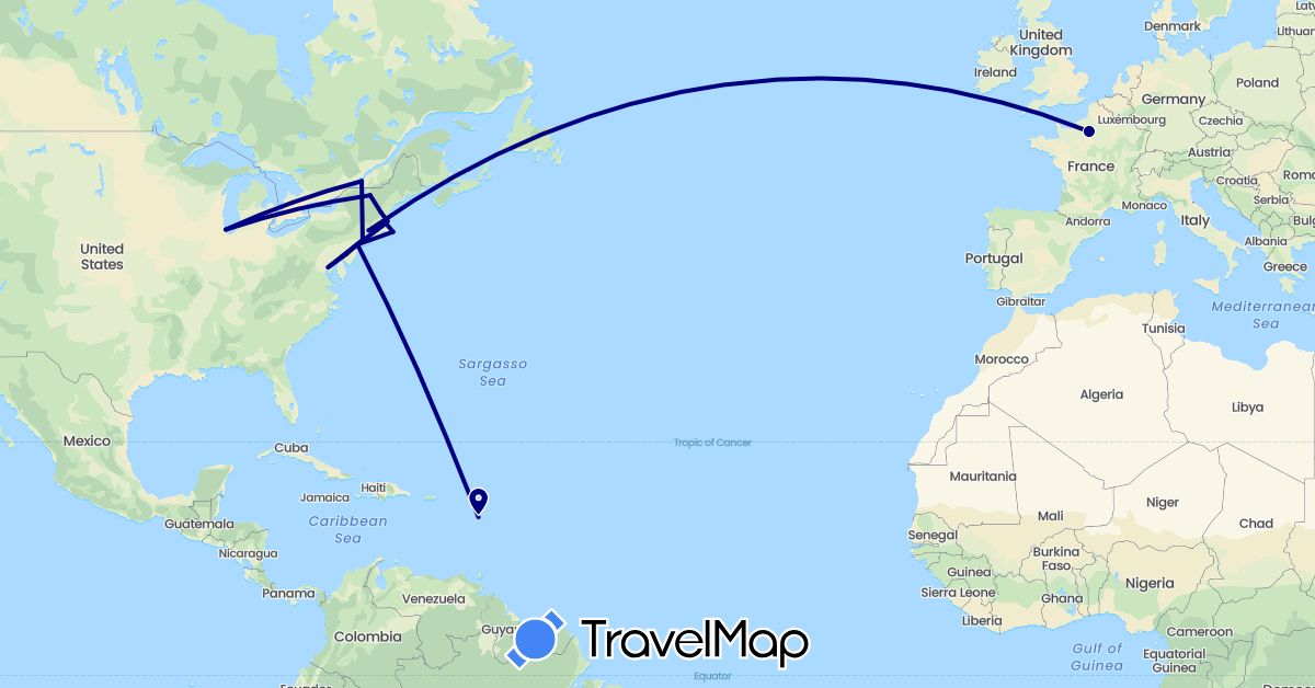 TravelMap itinerary: driving in Canada, France, Guadeloupe, United States (Europe, North America)